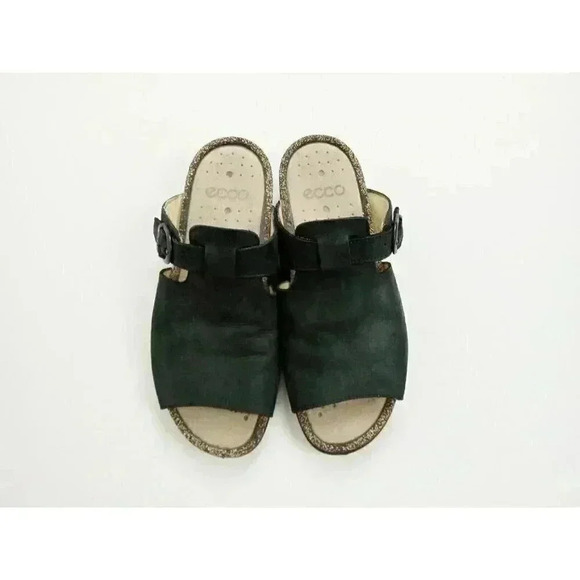 Ecco Womens Size 38 Leather Slip On Black  Strap Sandals Cork U - Picture 2 of 9